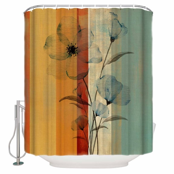 Fabric Shower Curtain, Retro Palace Flower Stripe Pattern Bathroom Curtain with 12 Hooks Waterproof No Bad Odor Machine Washable Bath Curtains for Bathroom, Spa Room, Background Cloth, 72"x84"