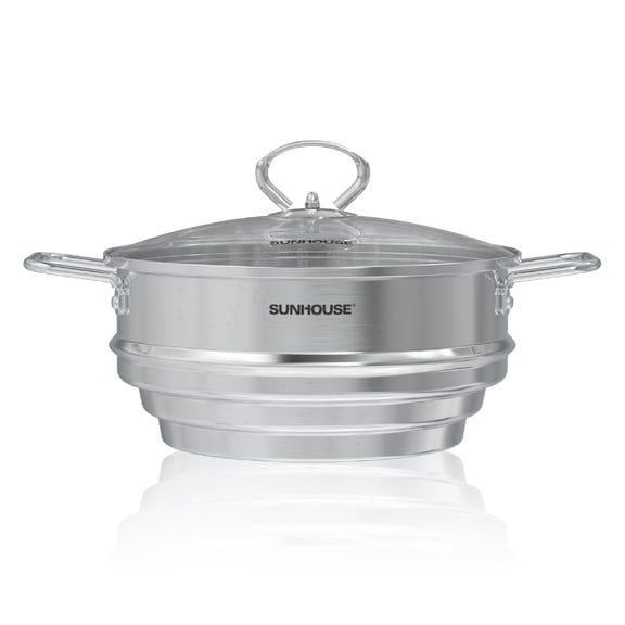 SUNHOUSE Stainless Steel Steamer Basket For Pot – 5 QT Universal Food & Vegetable Steamer Insert with Stay Cool Handles & Glass Lid – Fits Various Pot Sizes (8", 8.5", 9.5")