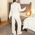 thumbnail image 5 of Women's Heart Print 2-Piece Pajama Set with Long Sleeve Button-Up Top and Relaxed Fit Pants - Medium, White, 5 of 6