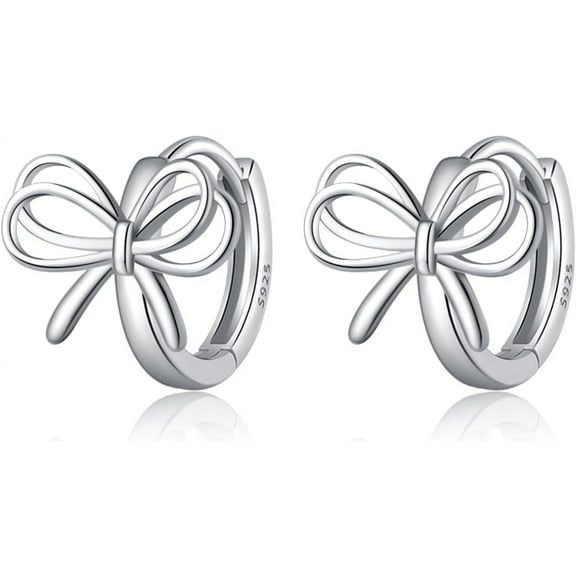 Solid 925 Sterling Silver Bow Hoop Earrings Ribbon for Women Teens Bowknot Hoop Earrings Huggie
