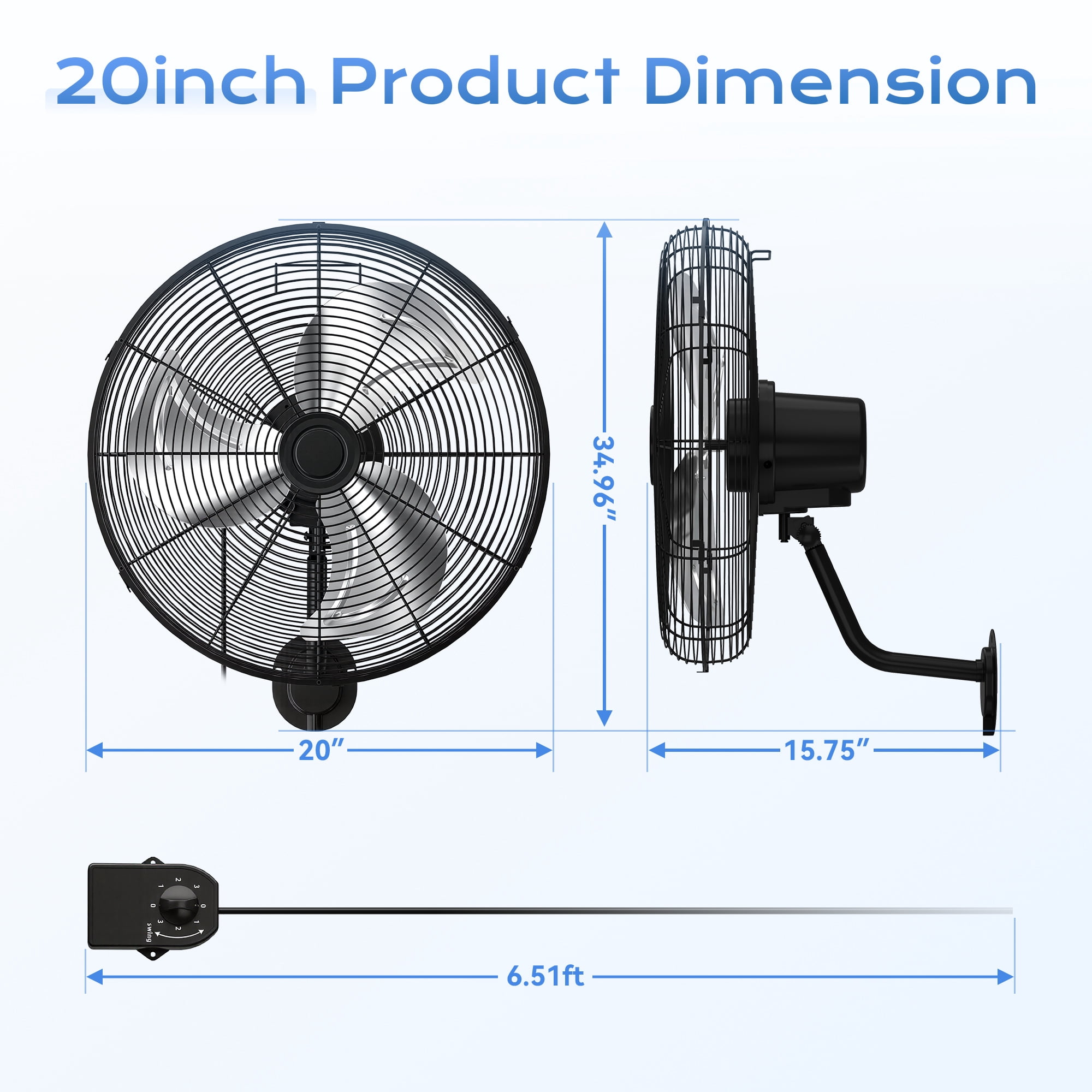 Nepsam Wall Mount Fan, 20 Inch,3-speed, Waterproof Oscillating Industrial Wall Fan, for Warehouse, Greenhouse, Workshop, Patio (Black, ETL Listed)