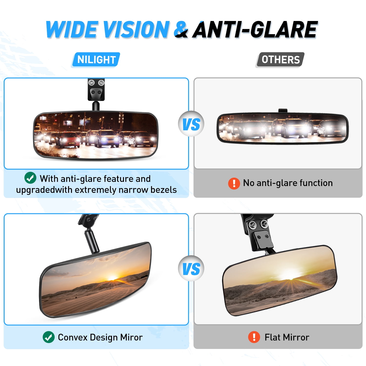 Nilight UTV Rear View Mirror 12inch Wide Clear Convex Center Mirror with 1.75" to 2" Clamps Adjustable 360 Degree for Polaris Rzr Pro XP R Pioneer 1000 Can Am Maverick X3 Kawasaki, 2 Years Warranty