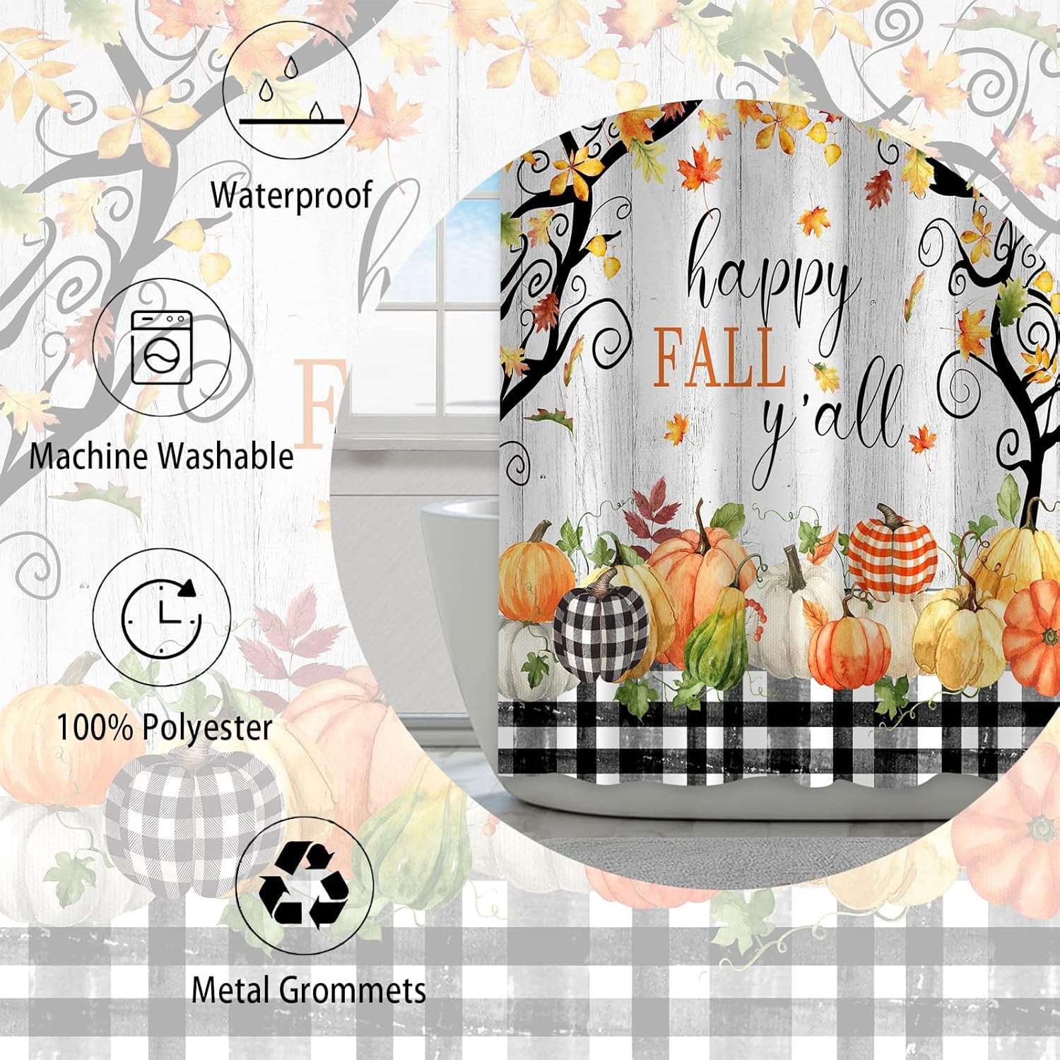 Happy Fall Shower Curtain, Farmhouse Maple Leaf Pumpkin Autumn Black White Plaid Wooden Art Printed Bathroom Decor, Waterproof Cloth Fabric Bath Curtain with Hooks 72 x 72 inch