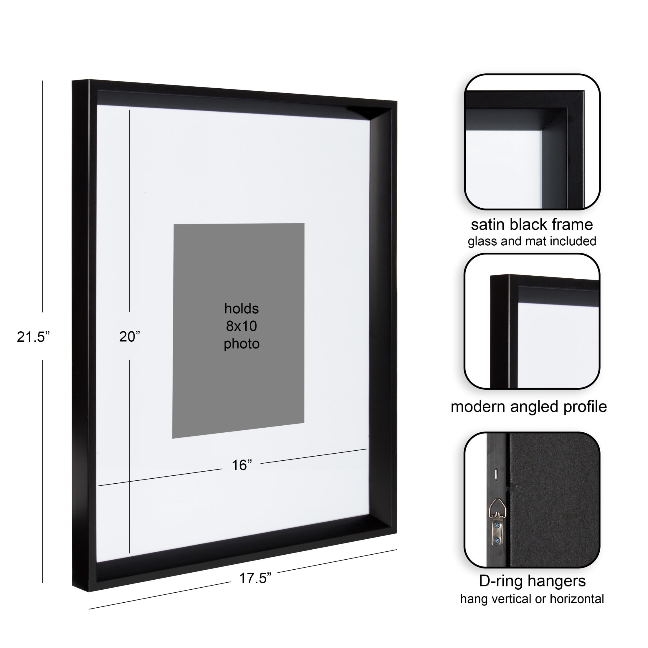 Kate and Laurel Calter Modern Wall Picture Frame Set of 3, 16x20 matted to 8x10, Black, Modern Three-Piece Frame Set for Gallery Wall Frame Set in Living Room Wall Decor
