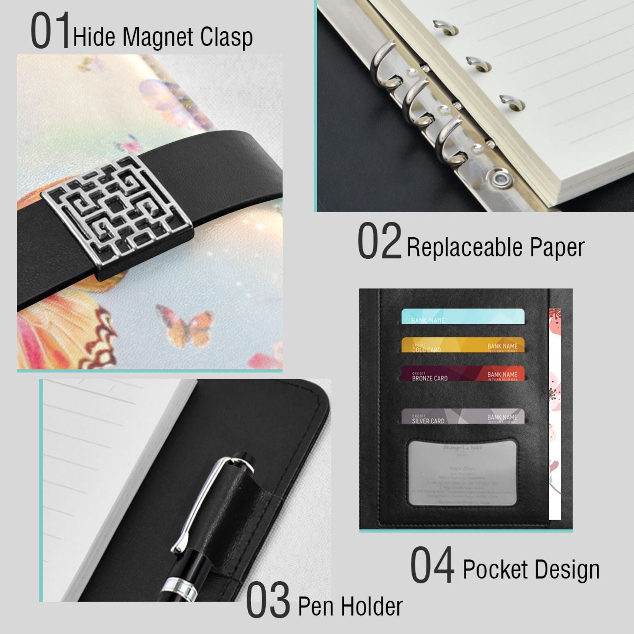 Leather Planner Leather Notebook Notebook Journal Binder Design Pen Pocket Design Convenient for Storage Light Pink Flower Butterfly