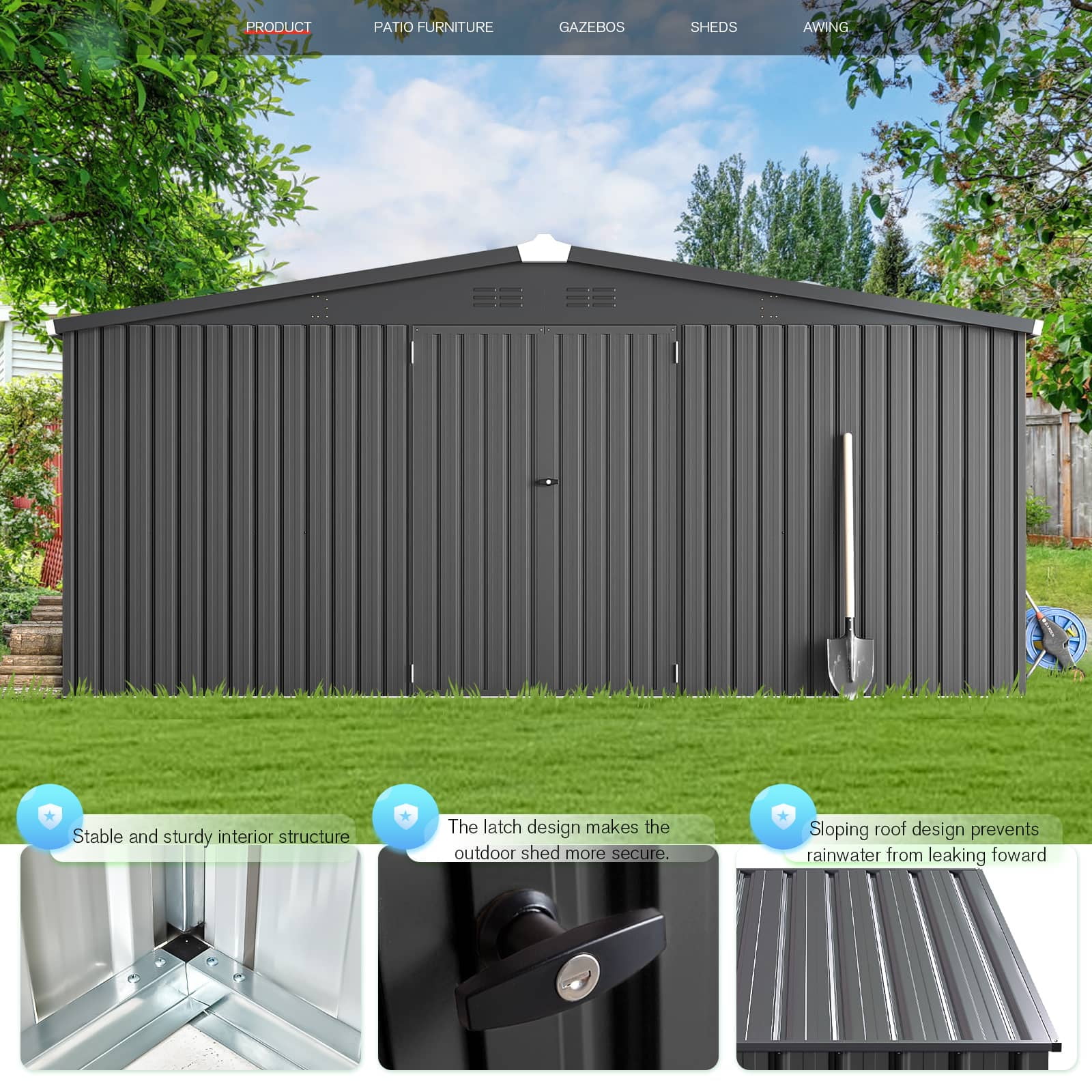 AECOJOY 14' x 12' Outdoor Storage Shed with Lockable Door Patio Metal Garden Storage Building in Dark Gray for Outside