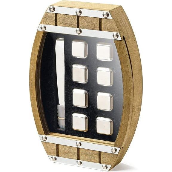 Sprightly Whiskey Stone Set, Stainless Steel Cubes, Wooden Barrel Box, Reusable Stones, Scotch, Wine