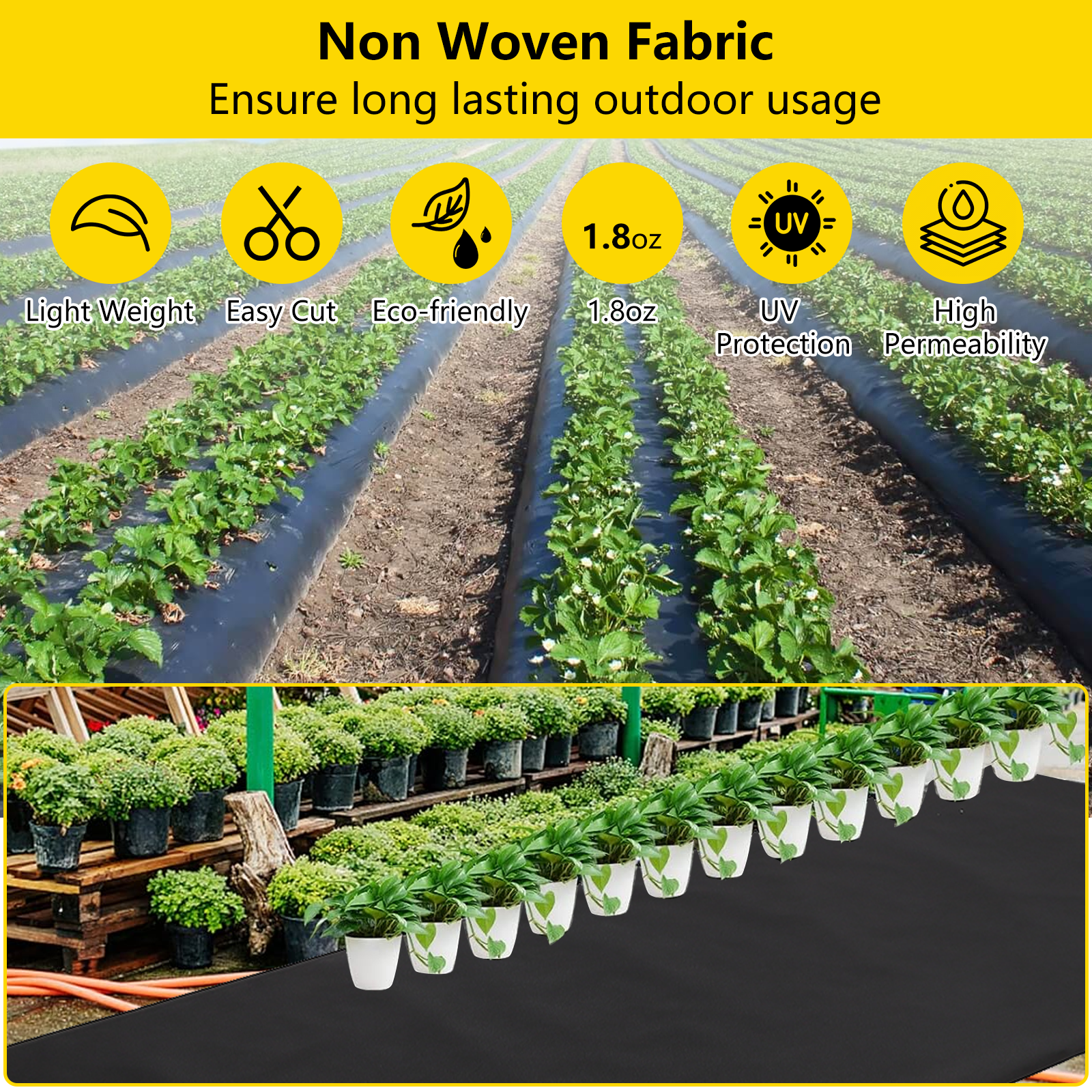 6ft x300ft Weed Barrier Landscape Fabric, Premium Non-Woven 1.8oz Ground Cover Weed Block Gardening Mat, Easy Setup & Superior Weed Control, for Weed Block, Ground Cover, Erosion Control