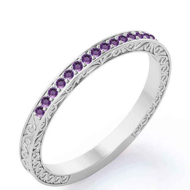 JeenMata Alianza de Boda de Estilo Victoriano Art Déco con Piedra Natal de Febrero de Corte Redondo de 0,25 Quilates en Baño de Oro Blanco de 18 K sobre Plata