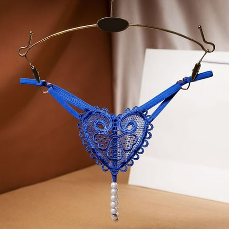 Women s Panties  Thongs for Women  Pearl G-String Panties Heart Print Panties  Low Waist Lace Crochet Hollow Out Briefs  Retro Pearl Love Thong  Blue