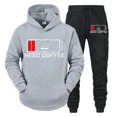 thumbnail image 5 of Conjunto de 2 piezas de sudadera y pantalón divertidos para hombre con estampado "Need Coffee" de manga larga con capucha y patrón de batería baja, ropa deportiva, 5 of 5