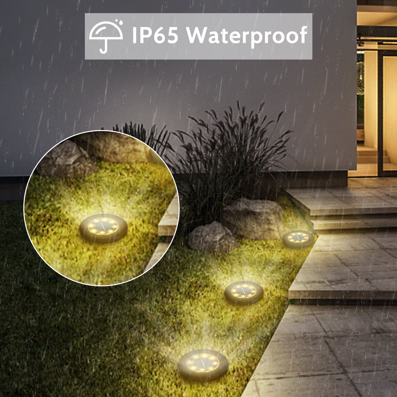 Solar Garden Lights In-Ground Disk 8 LED Warm Light Black Outdoor 8 Pack