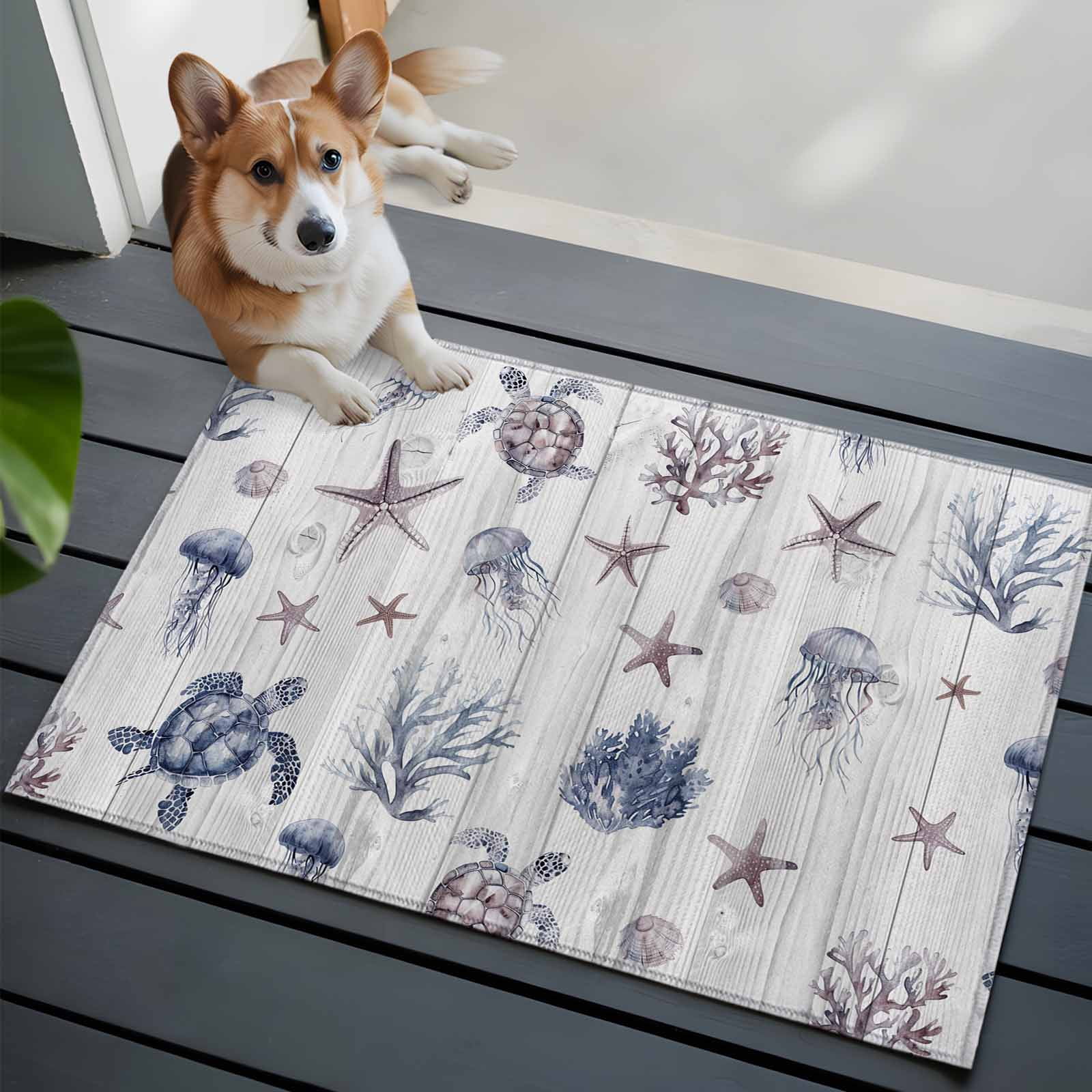 Entrance Runner Rug 2'x3', Vintage Coastal Non-slip Doormat for Indoor Outdoor Entrance, Nautical Summer Beach Sea Turtle Starfish Throw Floor Mat for Front Door/Living Room/Bedroom/Bathroom/Kitchen