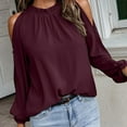 thumbnail image 3 of Blusa con cuello con volantes y hombros descubiertos, cuello redondo, manga larga, Top informal con volantes para otoño invierno, rojo vino L, 3 of 6
