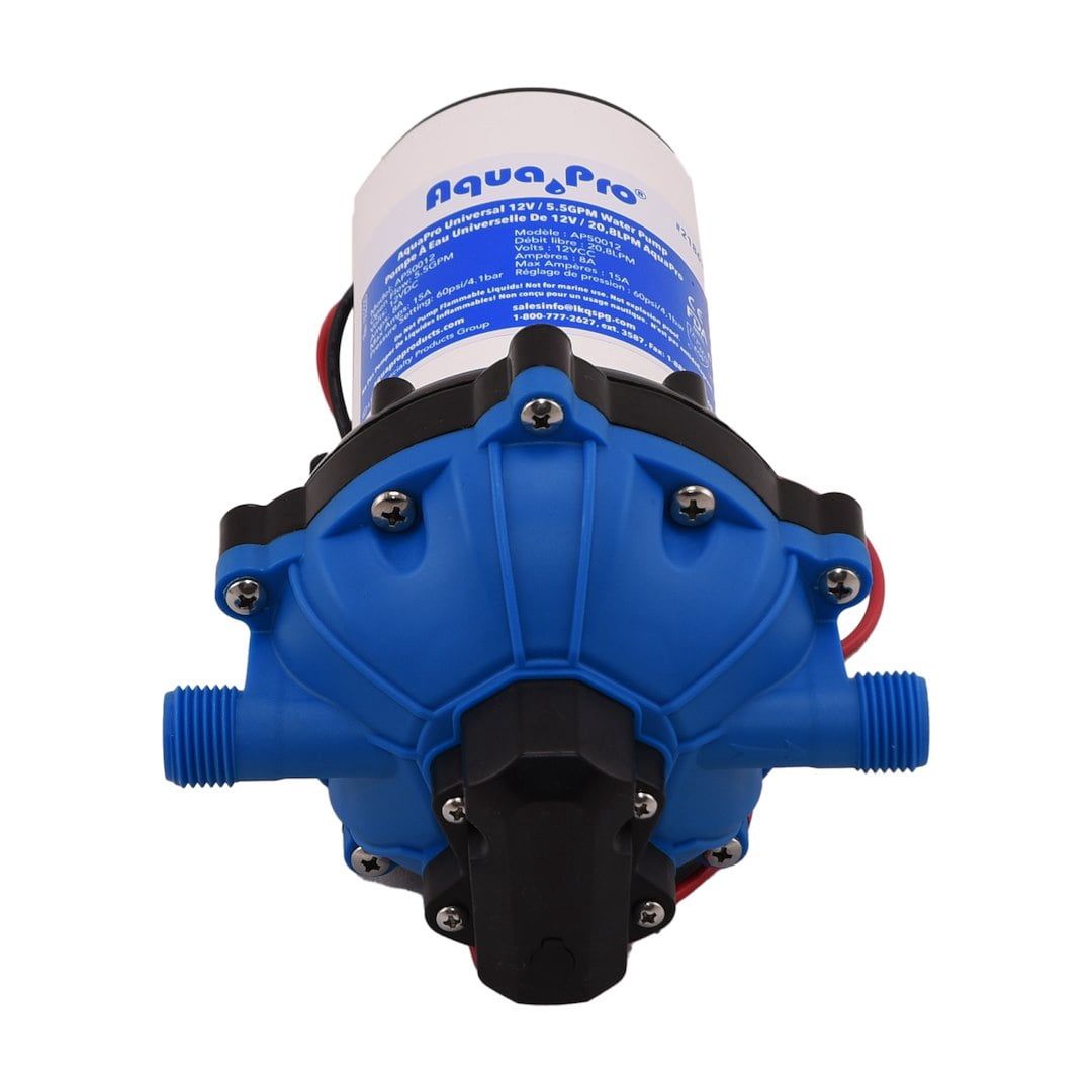 Aqua Pro 21863 Fresh Water Pump; AP50012; Self-Priming; 5.5 Gallon Per Minute; Shuts Off At 60 PSI; 8-1/2 Inch Length x 5-3/4 Inch Width x 5.16 Inch Height; 12 Volt DC; Run Dry Safe