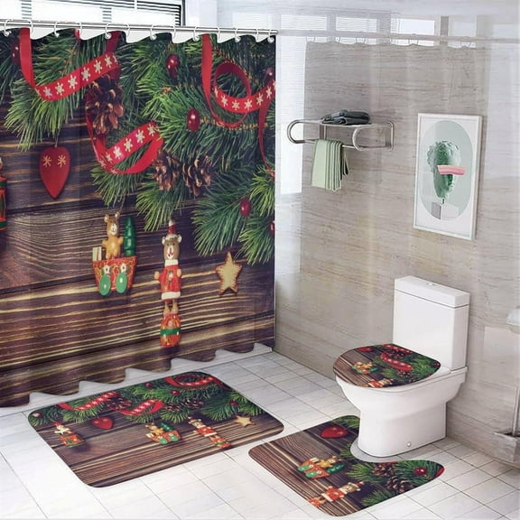 Shower Sets for Bathroom, Wood and Green Leaves Pattern Printed on Bathroom Decor Sets with Shower Curtain sets and Rugs, Suitable for Small Bathroom Gym Guest Bath, 72 x 72 inches