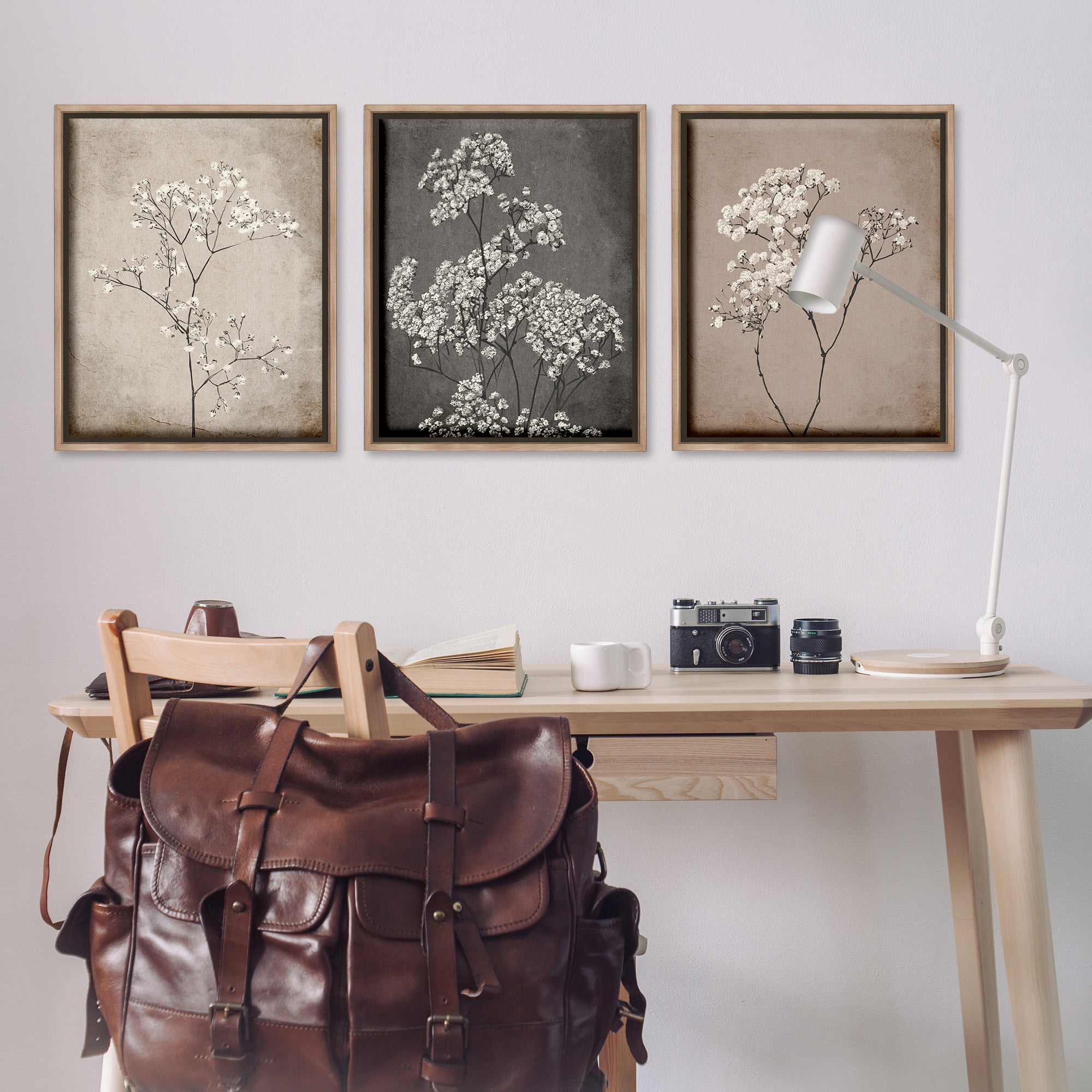 Stupell Industries Botanical Baby's Breath Herbs Botanical & Floral Painting Brown Floater Framed Canvas Art Print Wall Art, 25 x 31, Set of 3
