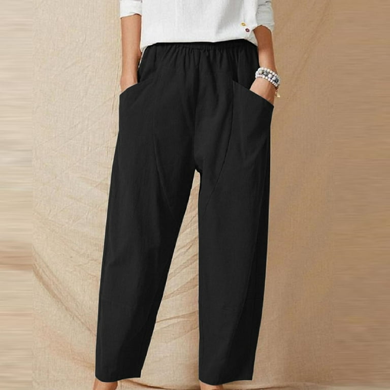 JNGSA Plus Size Pants for Women，Casual Summer High Waist Wide Leg Pants  Solid Color Cotton and Linen Trousers Black 4