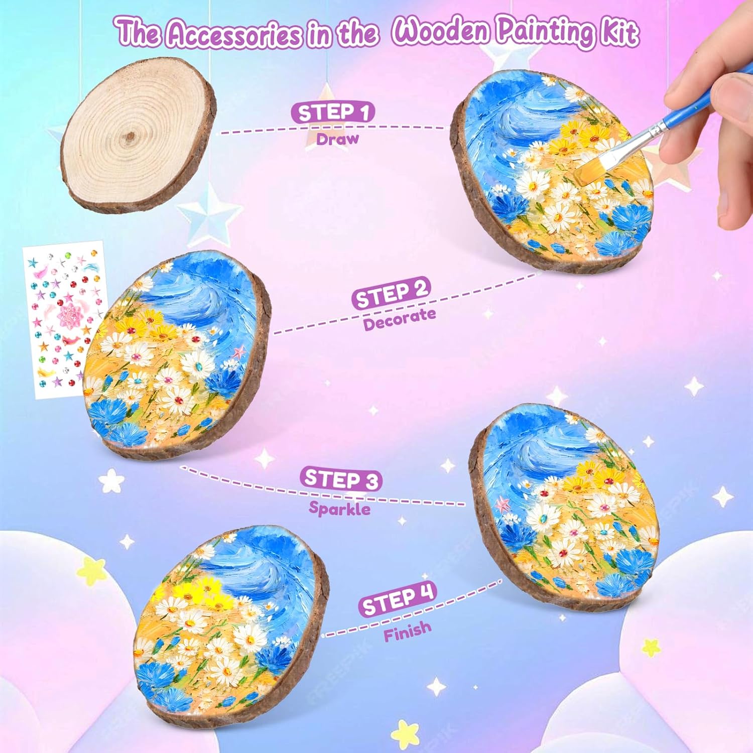 Wooden Painting Kit for Kids 6-12, 26 Pcs Wood Slices Craft Kit Gift Set with Assorted Gems & Diamond Painting Tools, Creative Art Activity Supplies for Boys Girls