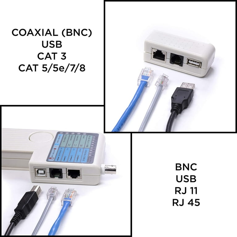 Testeur de câble Ethernet (RJ45 et BNC), téléphone et USB