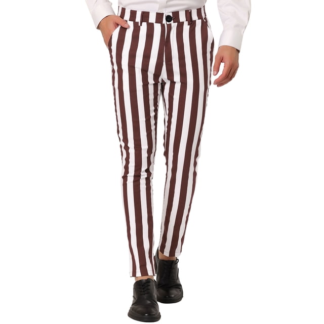 INSPIRE CHIC Men's Striped Pants Skinny Fit Color Block Dress Trousers 34 Brown White