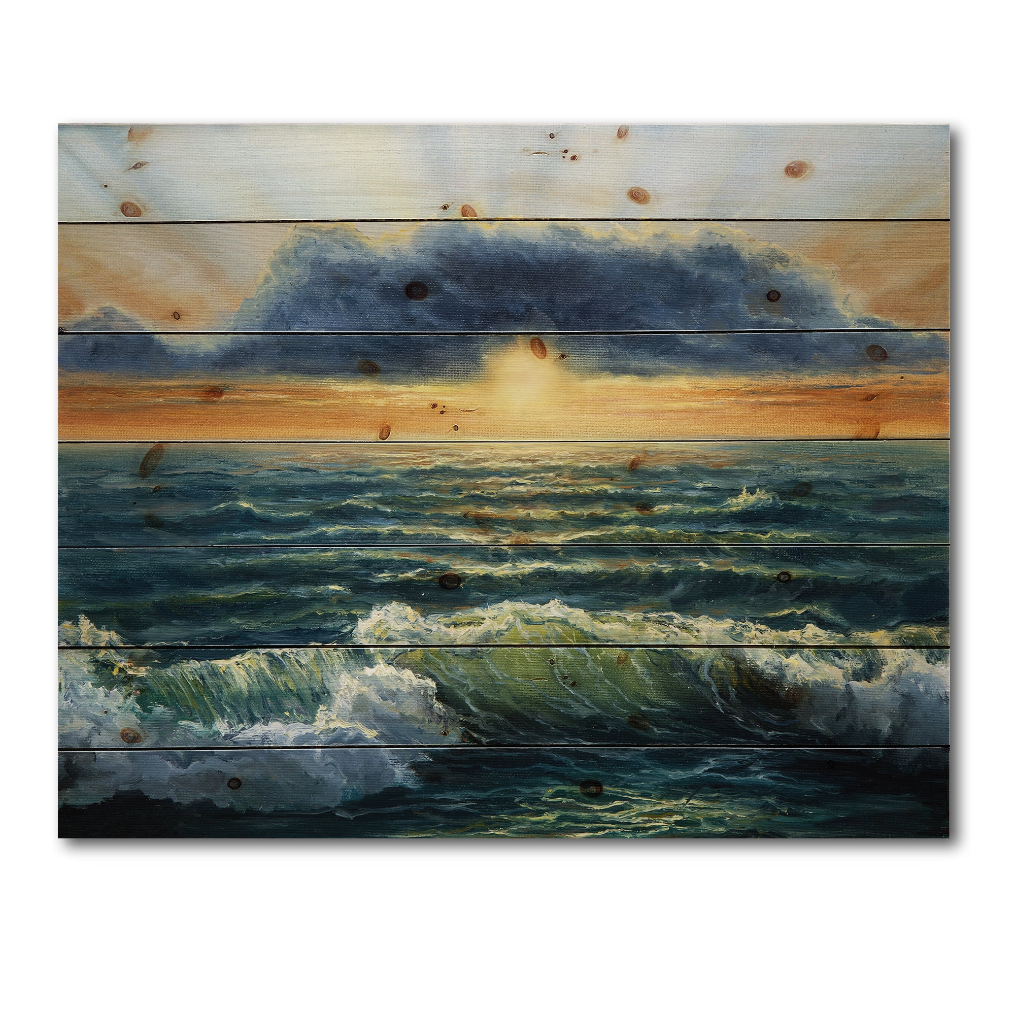 Designart 'The Blue Ocean In Sunset Evening I' Nautical & Coastal Print on Natural Pine Wood