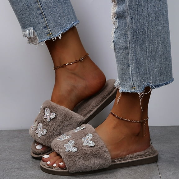 WOYY Women's House Slippers Rhinestone Decorative Open Toe Comfortable Flat Home Shoes