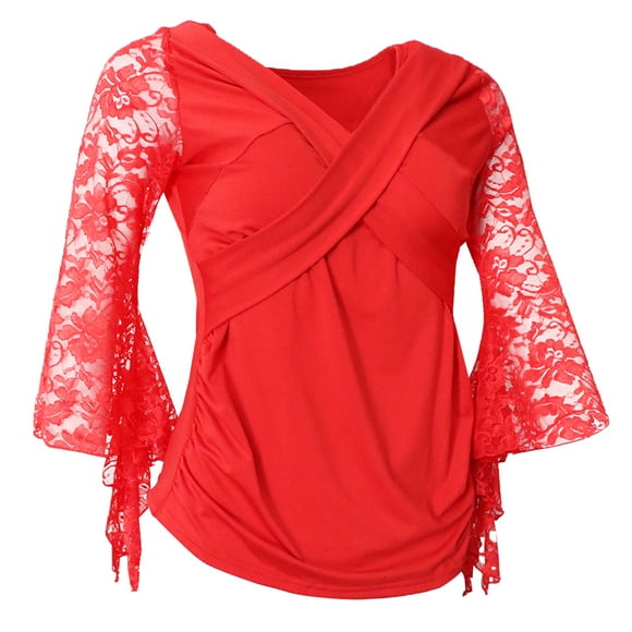 Lady Ballroom Modern Latin Tango Dance Tops Belly Dance Cross V Neck Lace rojo Zulema Top de práctica de salón de baile