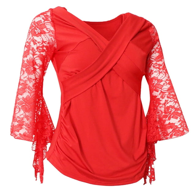 Lady Ballroom Modern Latin Tango Dance Tops Belly Dance Cross V Neck Lace rojo Zulema Top de práctica de salón de baile