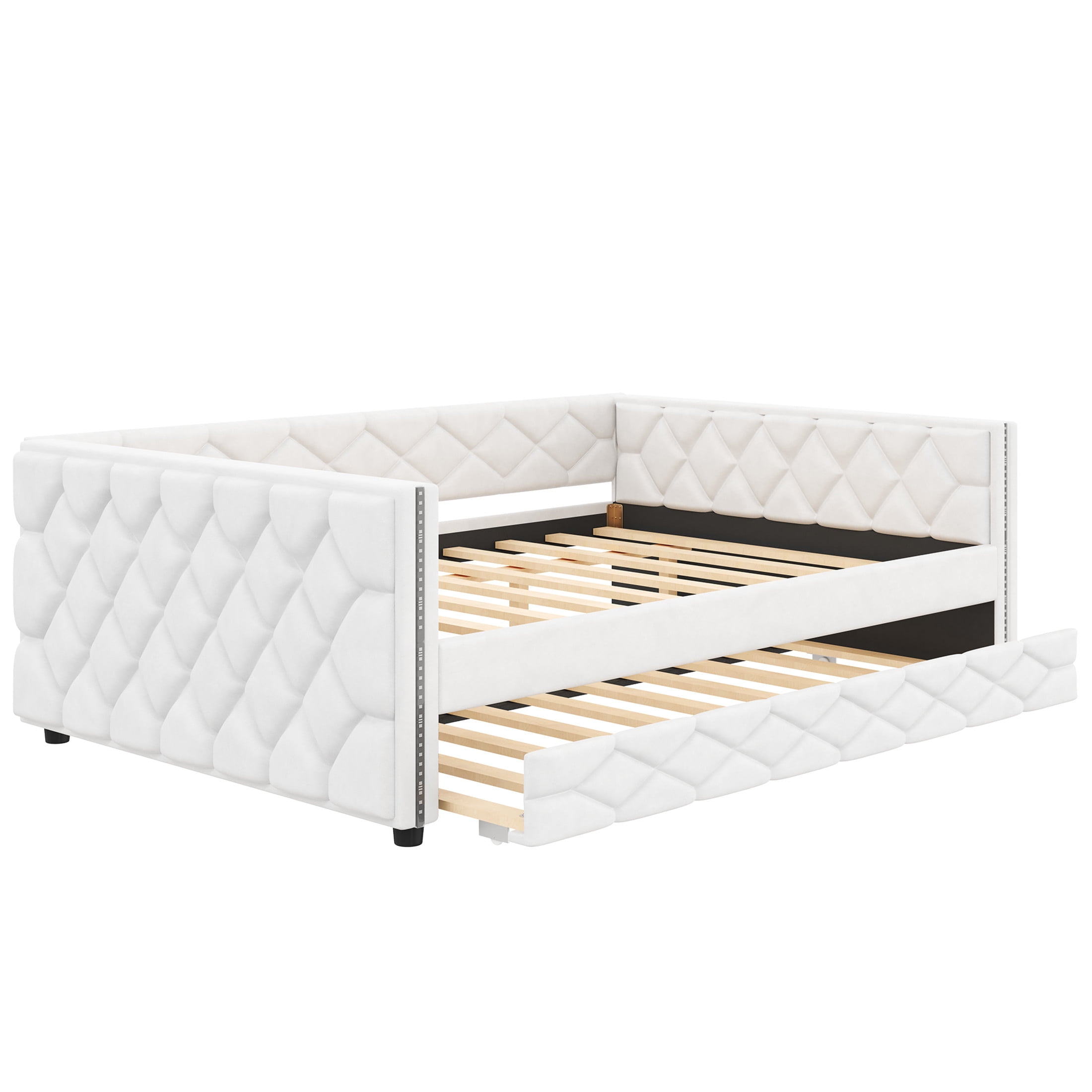 Noble House Girel Full XL Size Upholstered PU Leather Daybed with Extra Twin Trundle and LED Light, White