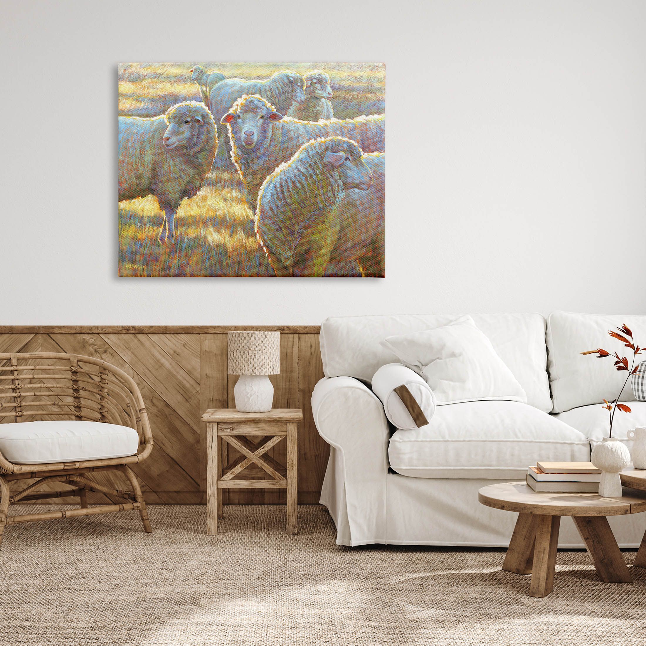 Sheep Herd Grazing Grassland Animals & Insects Painting Gallery Wrapped Canvas Print Wall Art