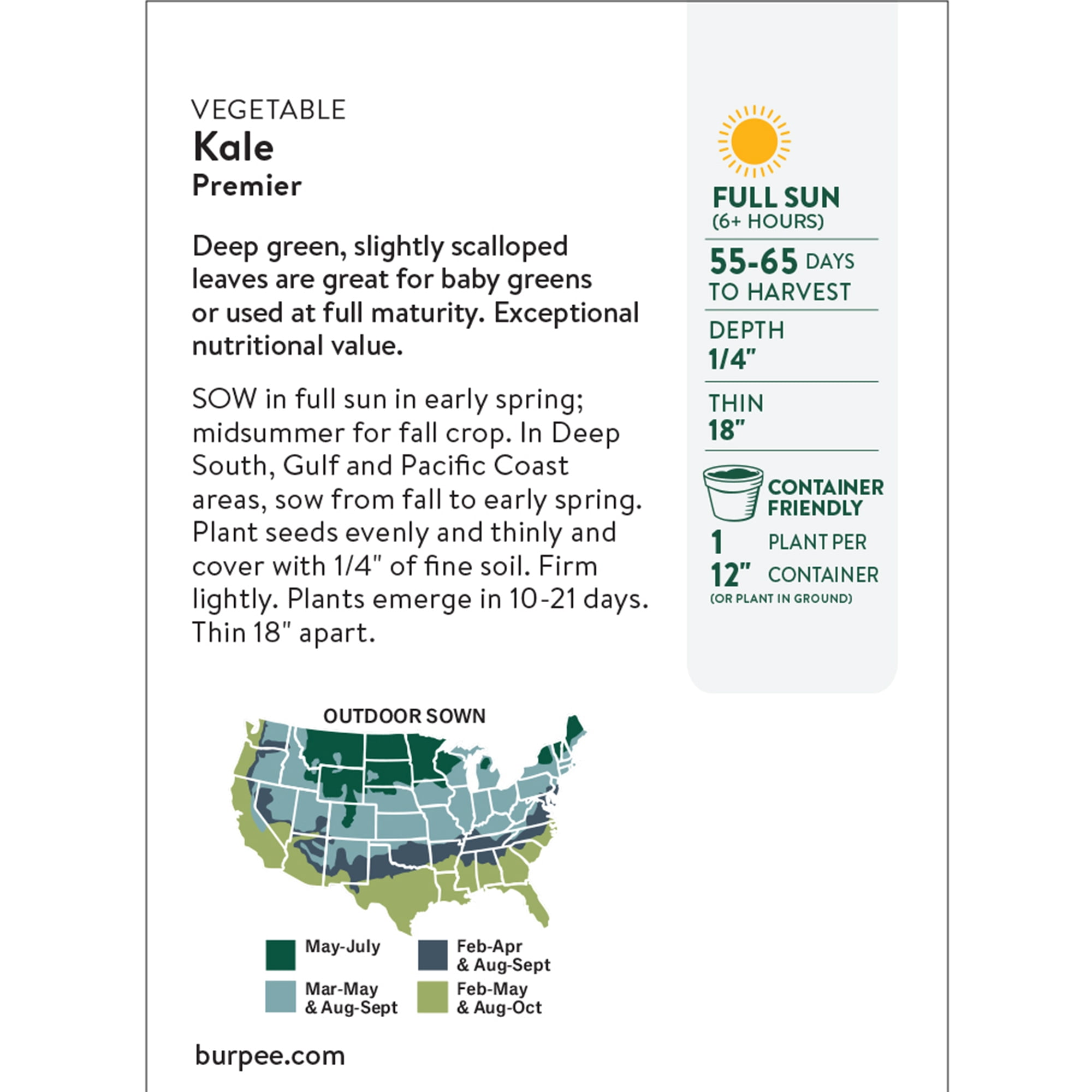 Burpee Organic Premier Kale Vegetable Seed, Annual Vegetable,  Full Sun