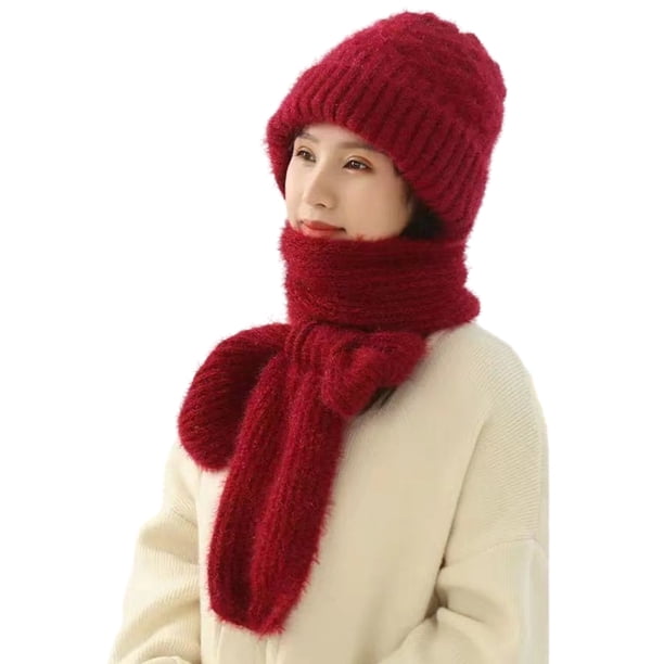 Guardurnaity Manténgase a la moda y abrigado con un gorro de punto de grano tejido único, bufanda, gorro de punto de invierno grueso de terciopelo Sombreros Vino rojo