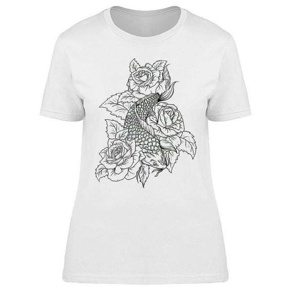 Flowers And Koi Fish Hand Drawn T-Shirt Women -Image by Shutterstock, Female x-Large