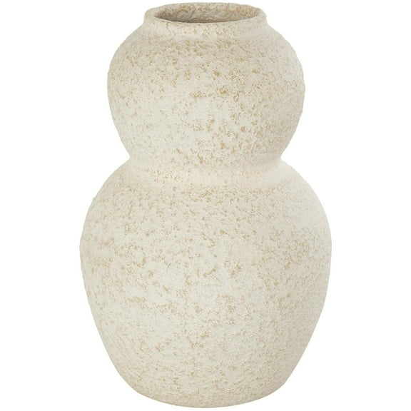 DecMode 12" Hourglass Textured Cream Ceramic Vase with Brown Distressing