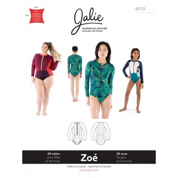 Jalie Sewing Pattern 4013 Zoe Rashguard Swimsuit Kids, Teenagers, Women 27 Sizes