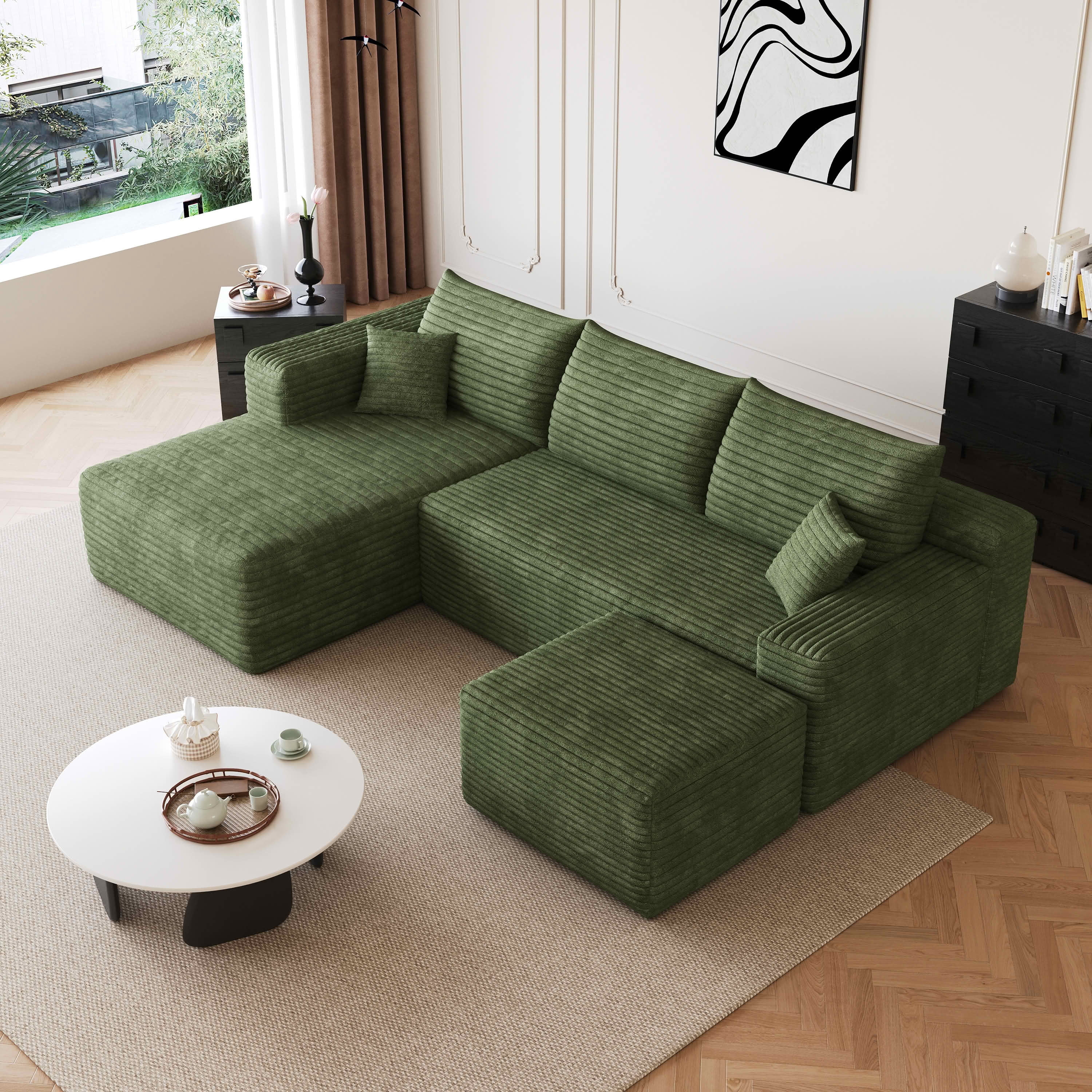 MAYEERTY 95 Inch U‑Shaped Cloud Sectional Sofa with 1 Ottoman, Modern Deep‑Seat Corner Couch, Plush Corduroy Reversible Sofa, No‑Assembly for Living Room Bedroom Apartment