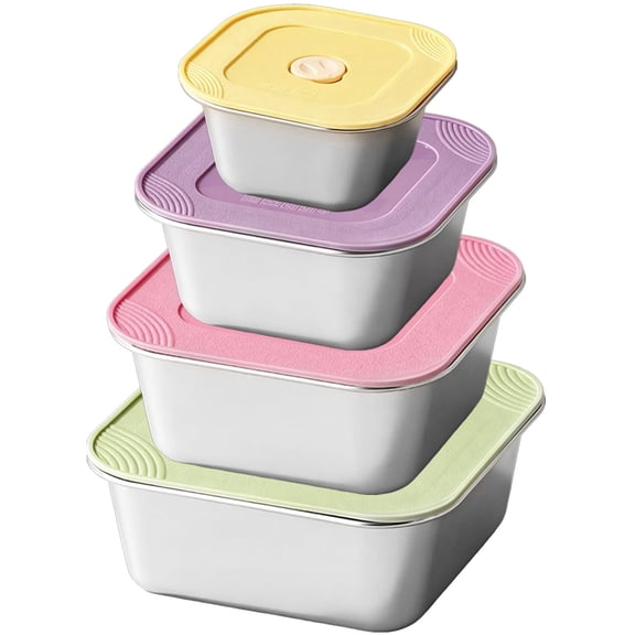 4‑Pack Stainless Steel Containers with Lids – 14/24/34/47 oz Leakproof Lunch Containers with Airtight Silicone Seal, Nesting Bento Box Set for Meal Prep, Food Storage & Office, Color‑Coded Lids
