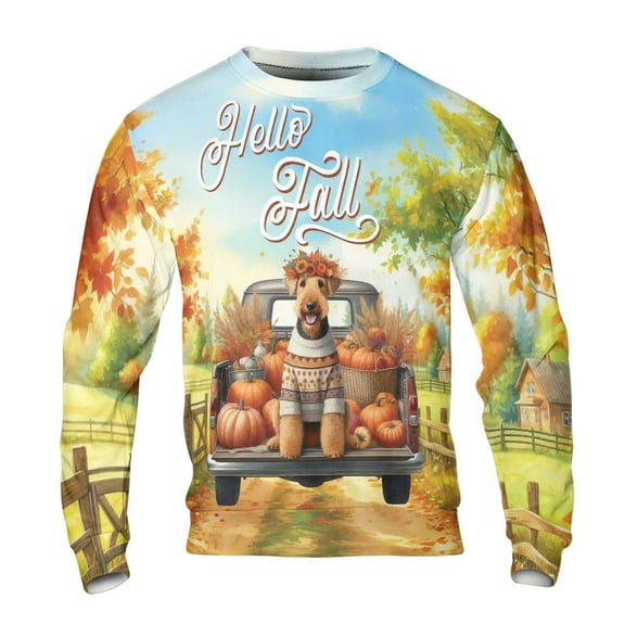 Hello Fall Autumn Airedale Terrier Pumpkins Pickup Truck All Over Print 3D Sweatshirt Unisex Merch Dale Waterside Dog Lover - 13011