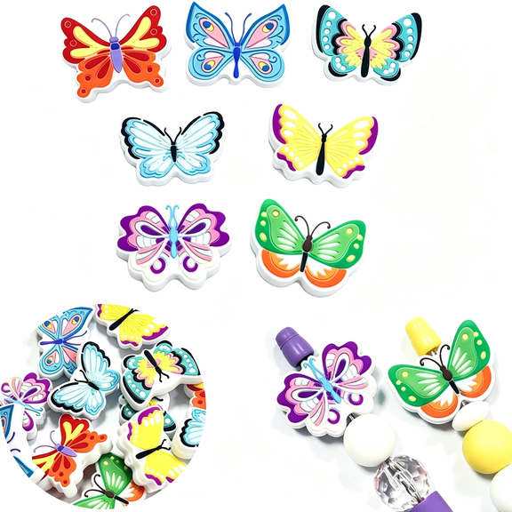 BZCOE 7Pcs Colorful Butterfly Silicone Focal Beads,7Colors Bow Silicone Beads for Keychain Diy Crafts,Butterfly Themed Loose Bead Bulk for Beaded Pens Diy Handicrafts Necklace Bracelet Lanyard