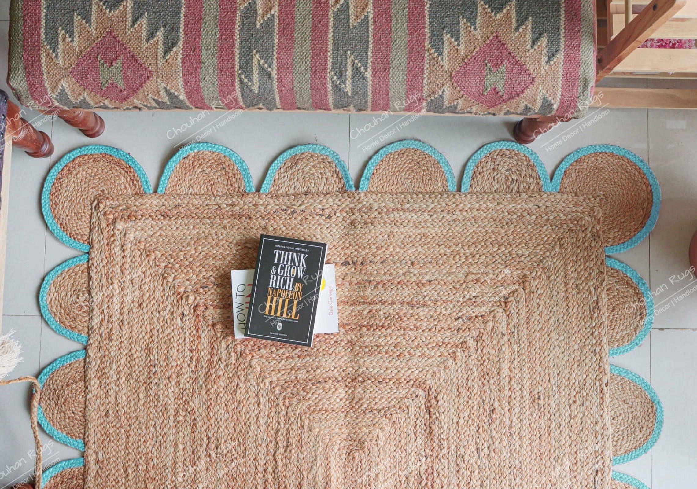 Chouhan Rugs Natural Jute Turquoise Scalloped Rug Bohemian Rug Decor Rug Handwoven Rug Custom Rug Decorative Rug