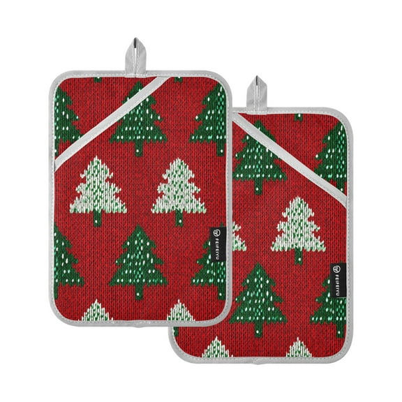 New Year Christmas Tree Knit Style Potholders Heat Resistant Pot Holder Set of 2 Oven Hot Pads with Pocket