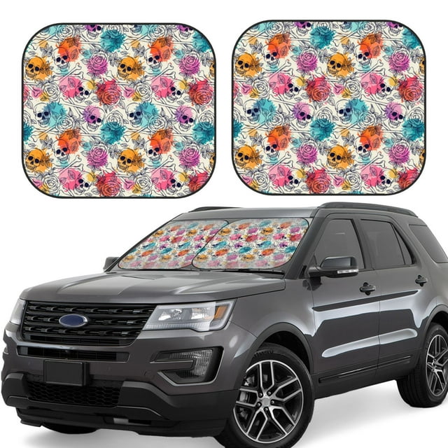 Vsdgher Skulls and Roses Print Car Windshield Sun Shade, Reflective Sunshade Window Sunshade Sun Visor Protector Fit for Cars,Trucks,SUVs-Medium