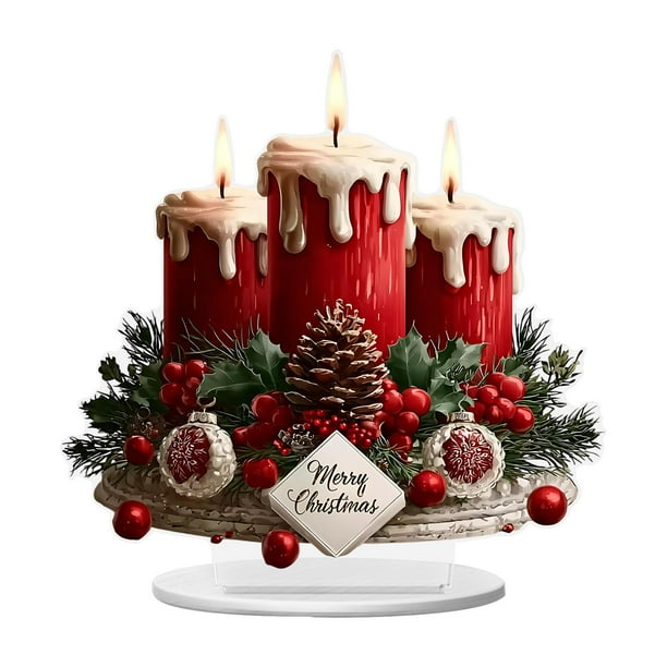 Letrero acrílico plano 2D, decoración navideña con vela roja y base, adorno navideño único para escritorio, estantería u oficina. Estilo A