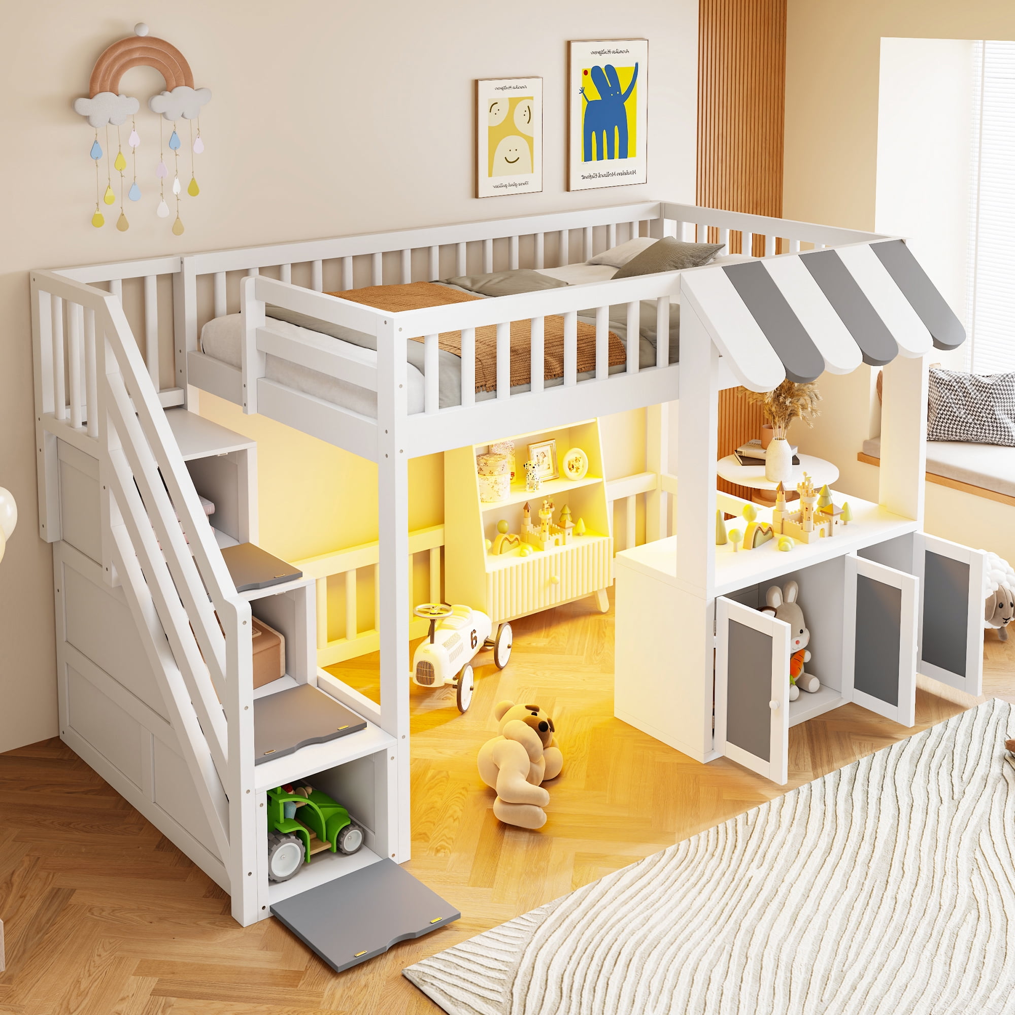 Mintazer Twin Size Loft Bed with Play Storefront & LED Lights, Kids Loft Bed with Guardrail and Storage Staircase & Cabinet for Bedroom, White & Gray