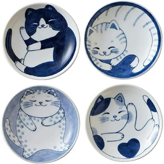 Japanese Small Plate Set Ceramic Cute Cats Design Appetizer Dessert Sushi Sauce Dishes, 3.94 x 0.8 Inches, Set of 4
