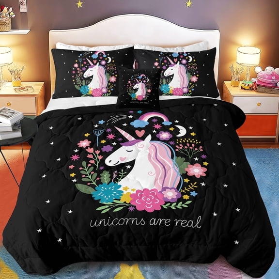 Sleepwish Kids Bedding Set 4 Pieces Super Soft Black Unicorn Full Comforter Set for Girls