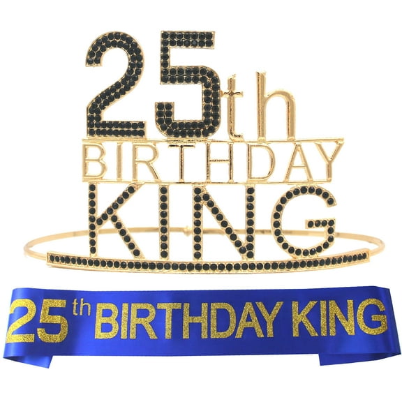 25th Birthday Sash and Tiara for Girls - Fabulous 25th birthday Decorations for her : Glitter Sash and Rhinestone Gold & Black Premium Metal Tiara for Happy Celebration, 25th Birthday gift for Her