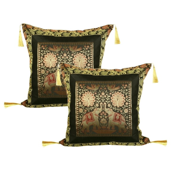 Stylo Culture Ethnic Brocade Living Room Throw Pillow Covers Black Gold 18 x 18 Jacquard Weave Tassels Couch Cushion Covers 45x45 cm Polydupion Silk Zippered Elephant Square Pillowcases | Set Of 2