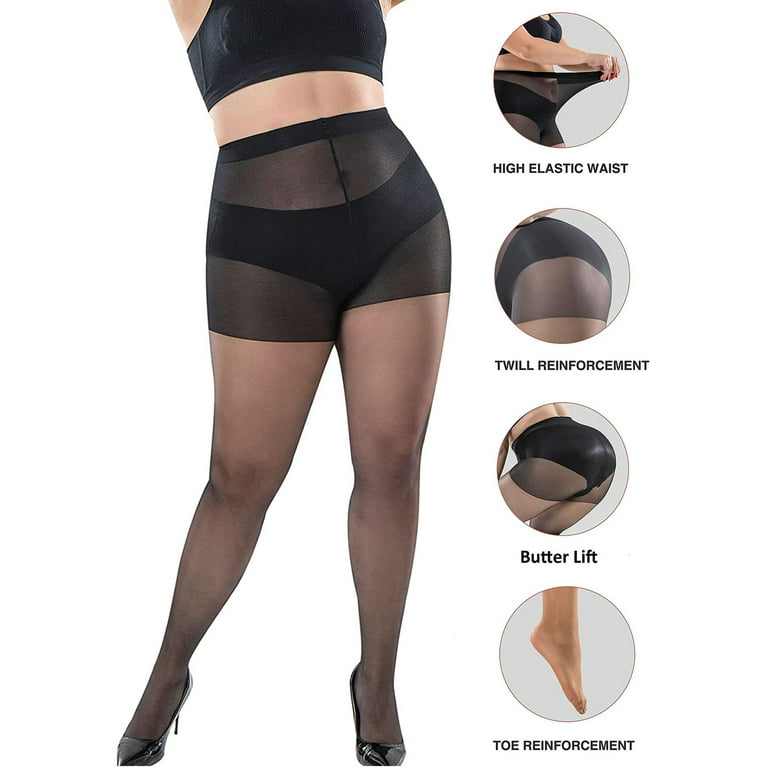 Gustave 2Pcs Plus Size Silky Sheer Pantyhose 40 Denier High Waisted Control  Top Tights Hosiery Elastic Nylon Panty Hose Reinforced Toe for Women